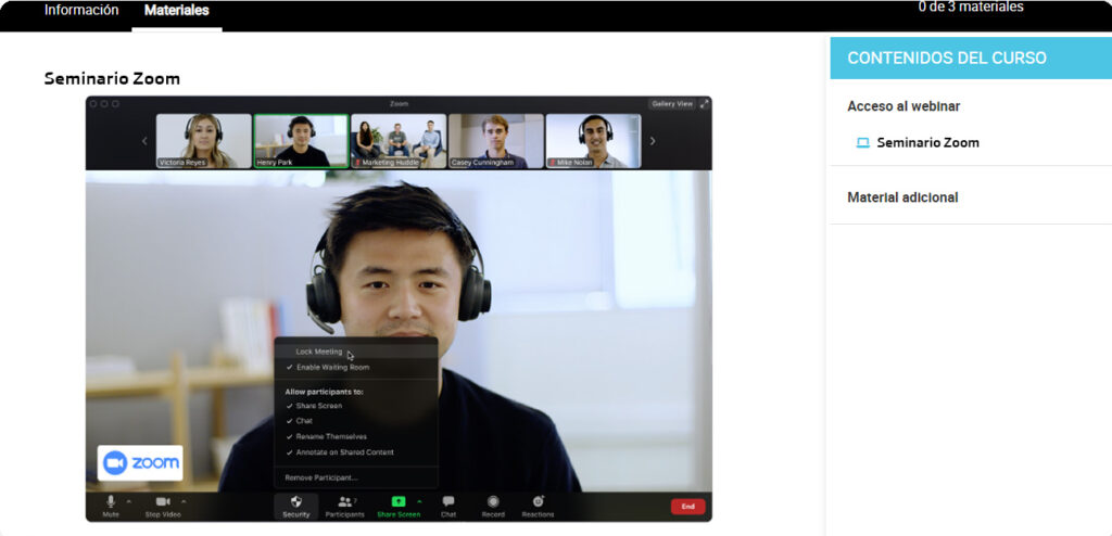 webinars formación online, herramientas integradas: ZOOM