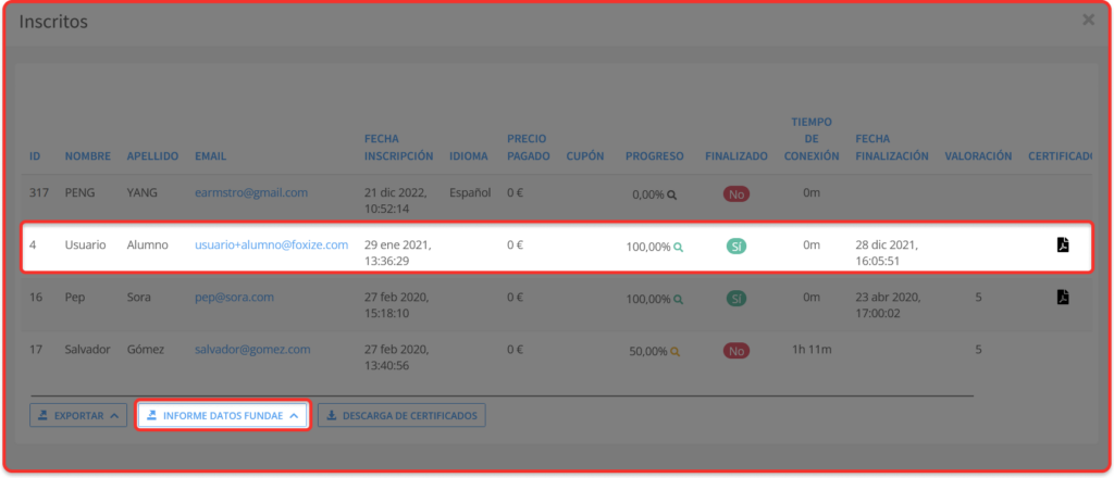 Dale acceso al inspector FUNDAE a los datos de actividad de los alumnos para bonificar tu formación.